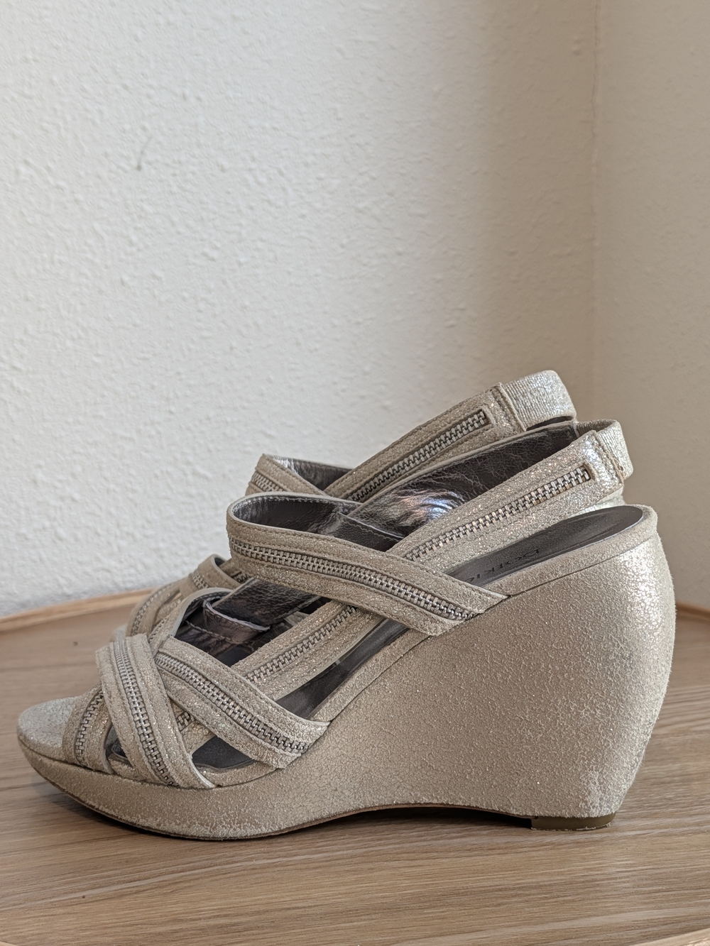 Botkier Textured Metallic Champagne Wedges with Crisscross Zipper Straps